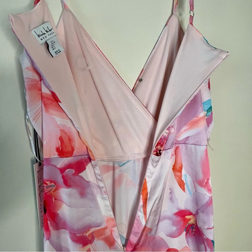 Nicole Miller Floral Dress Maxi Slip Long Sleeveless Satin Silky New Pink Small - Picture 12 of 14